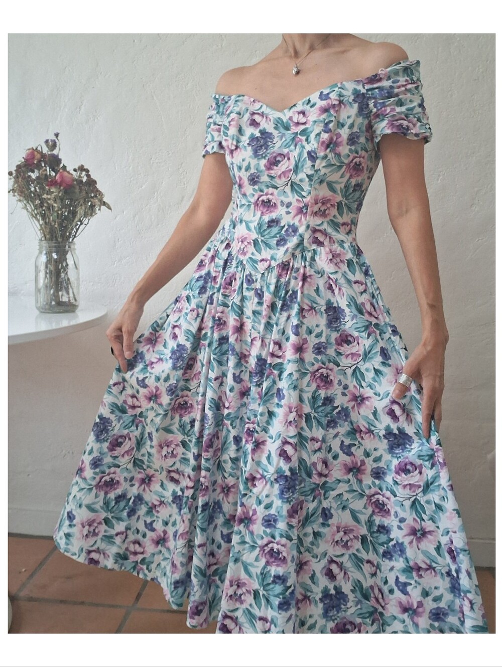 Vintage 80s Karin Stevens Cottagecore Floral Dress Basque Waist Off Shoulder 6